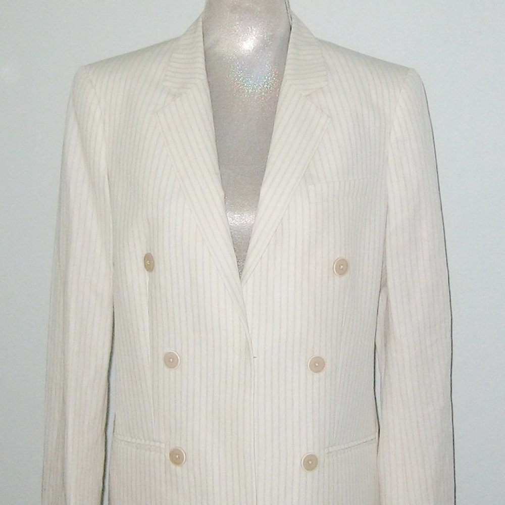 NWT Rebecca Taylor PINSTRIPE Linen Cotton BLAZER 12 Snow Combo MSRP $495